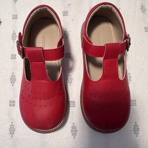 Red faux leather Mary Jane dress shoes